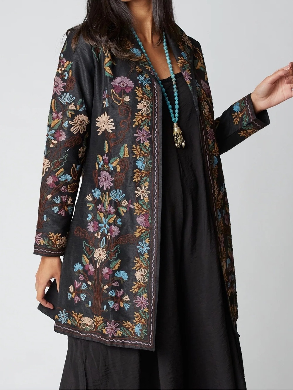 NEW Anu by Natural Embroidered Open Front Duster Boho Floral Coat Size S / M